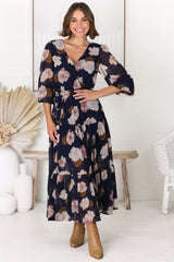 Valina Maxi Dress - Cross Over V Neckline Tiered Dress in Vika Print Navy