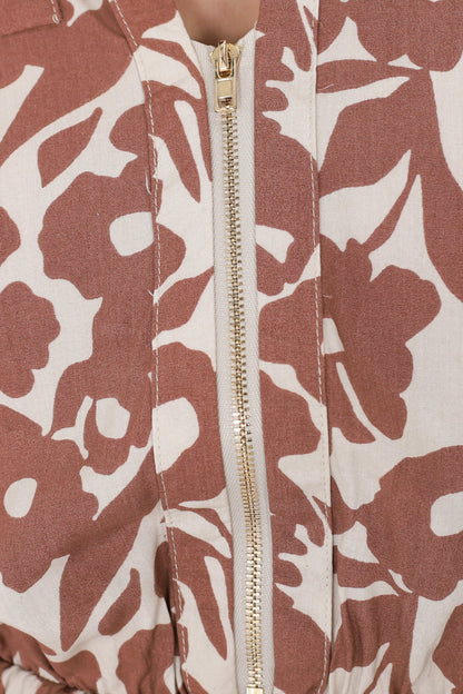 Kae Midi Dress - Zipper Detail V-Neck Dress in Emma-Jade Print Brown