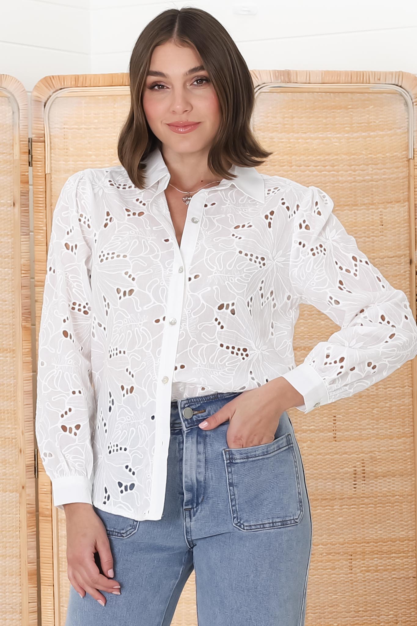 Raelynn Shirt - Button Down Hollow Out Embroidered Shirt in White