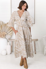 Jolie Midi Dress - V Neck Buttoned Down Long Sleeve Dress in Jeani Print Beige