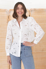 Raelynn Shirt - Button Down Hollow Out Embroidered Shirt in White