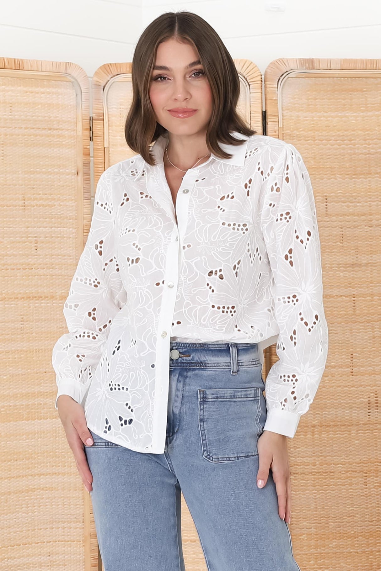 Raelynn Shirt - Button Down Hollow Out Embroidered Shirt in White