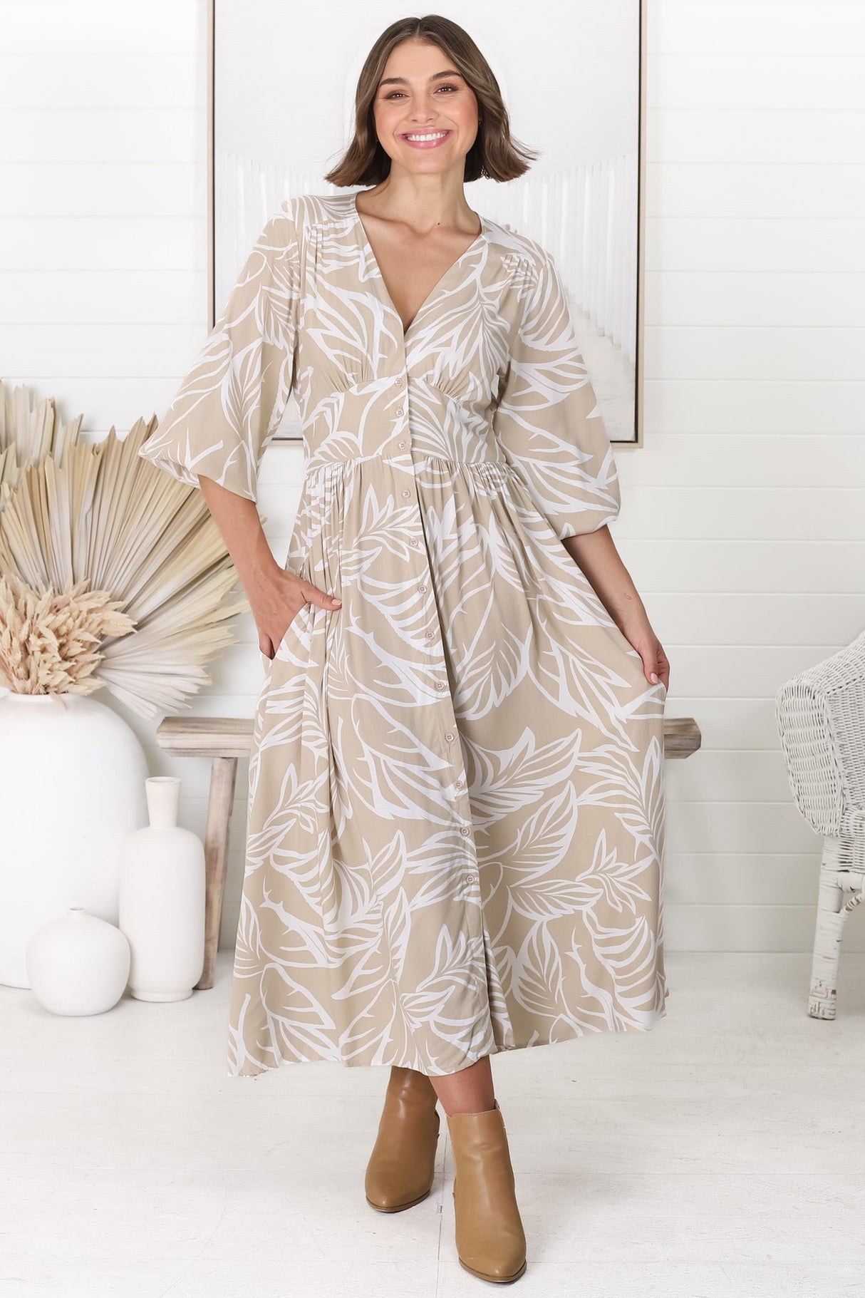 Jolie Midi Dress - V Neck Buttoned Down Long Sleeve Dress in Jeani Print Beige