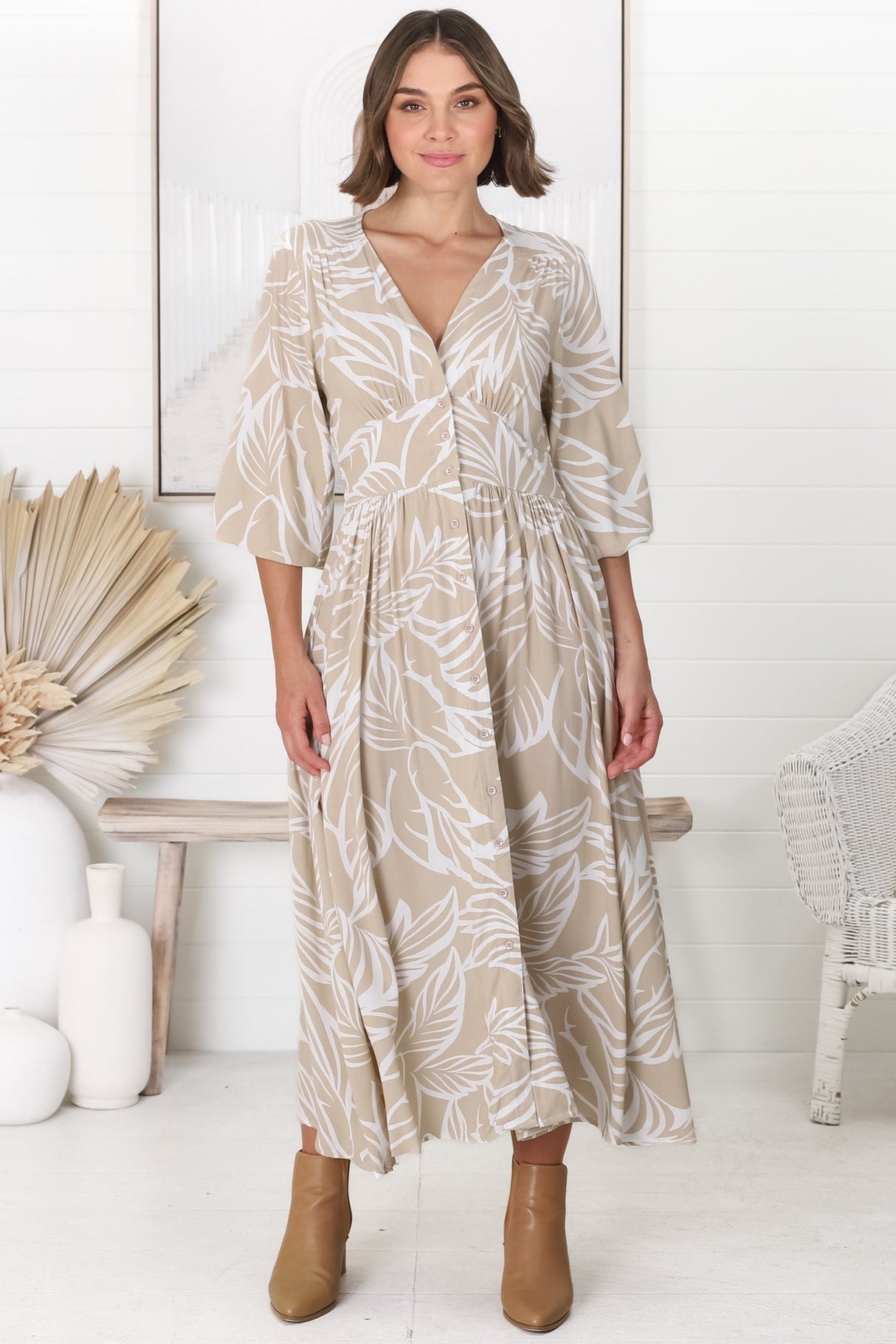 Jolie Midi Dress - V Neck Buttoned Down Long Sleeve Dress in Jeani Print Beige