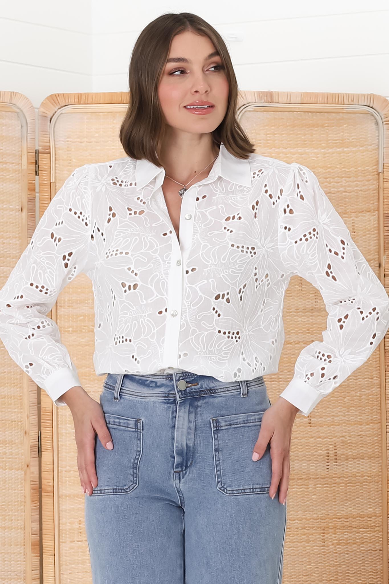Raelynn Shirt - Button Down Hollow Out Embroidered Shirt in White
