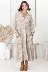 Jolie Midi Dress - V Neck Buttoned Down Long Sleeve Dress in Jeani Print Beige