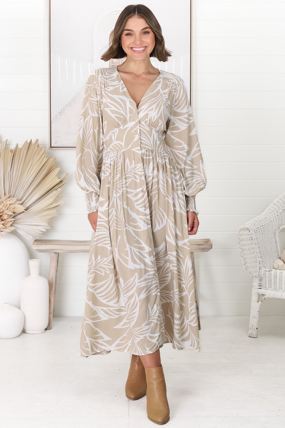 Jolie Midi Dress - V Neck Buttoned Down Long Sleeve Dress in Jeani Print Beige