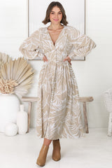 Jolie Midi Dress - V Neck Buttoned Down Long Sleeve Dress in Jeani Print Beige