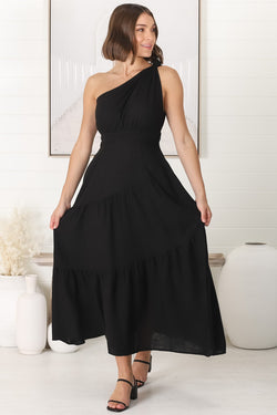 Sybel Midi Dress - One Shoulder Knotted Detail Tiered Linen Blend Dress in Black