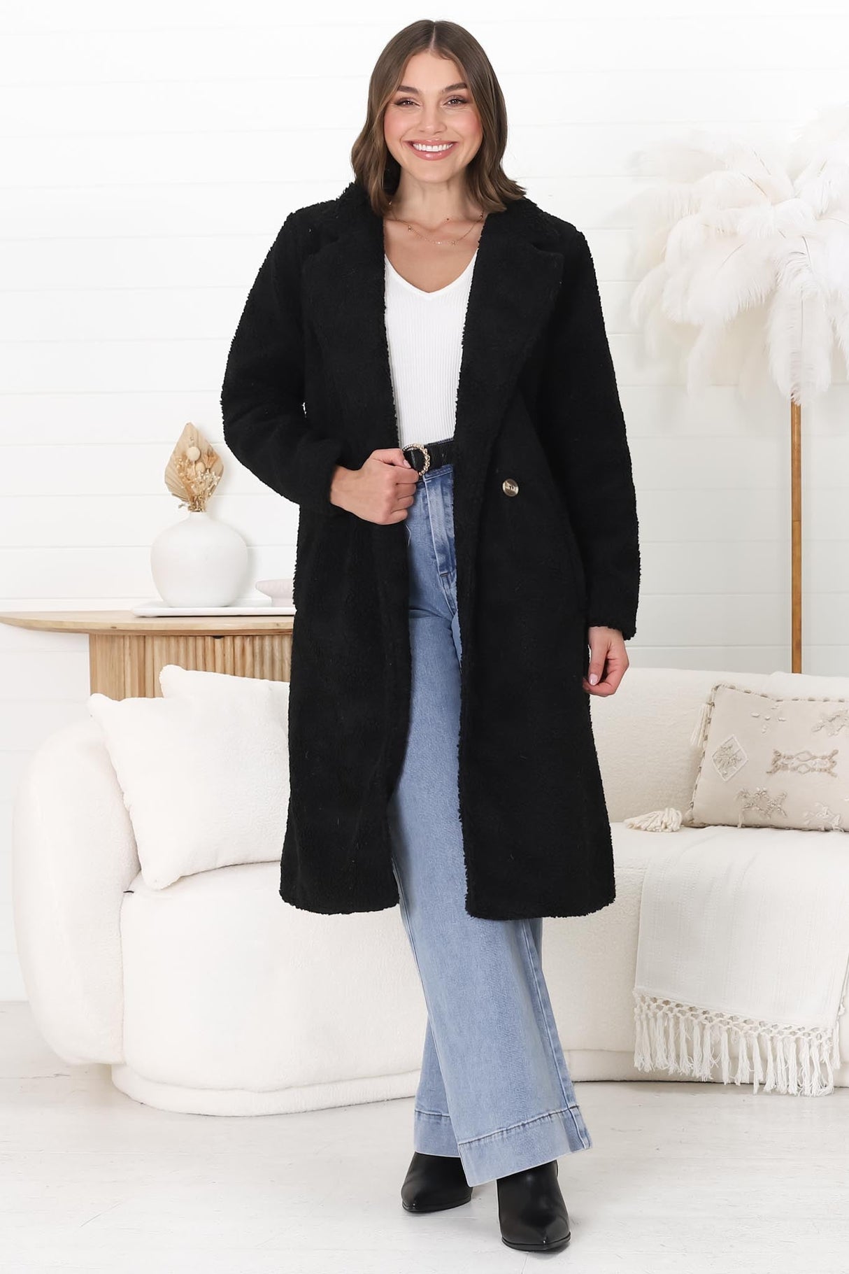 Rooney Coat - Lapel Collared Long Teddy Coat in Black