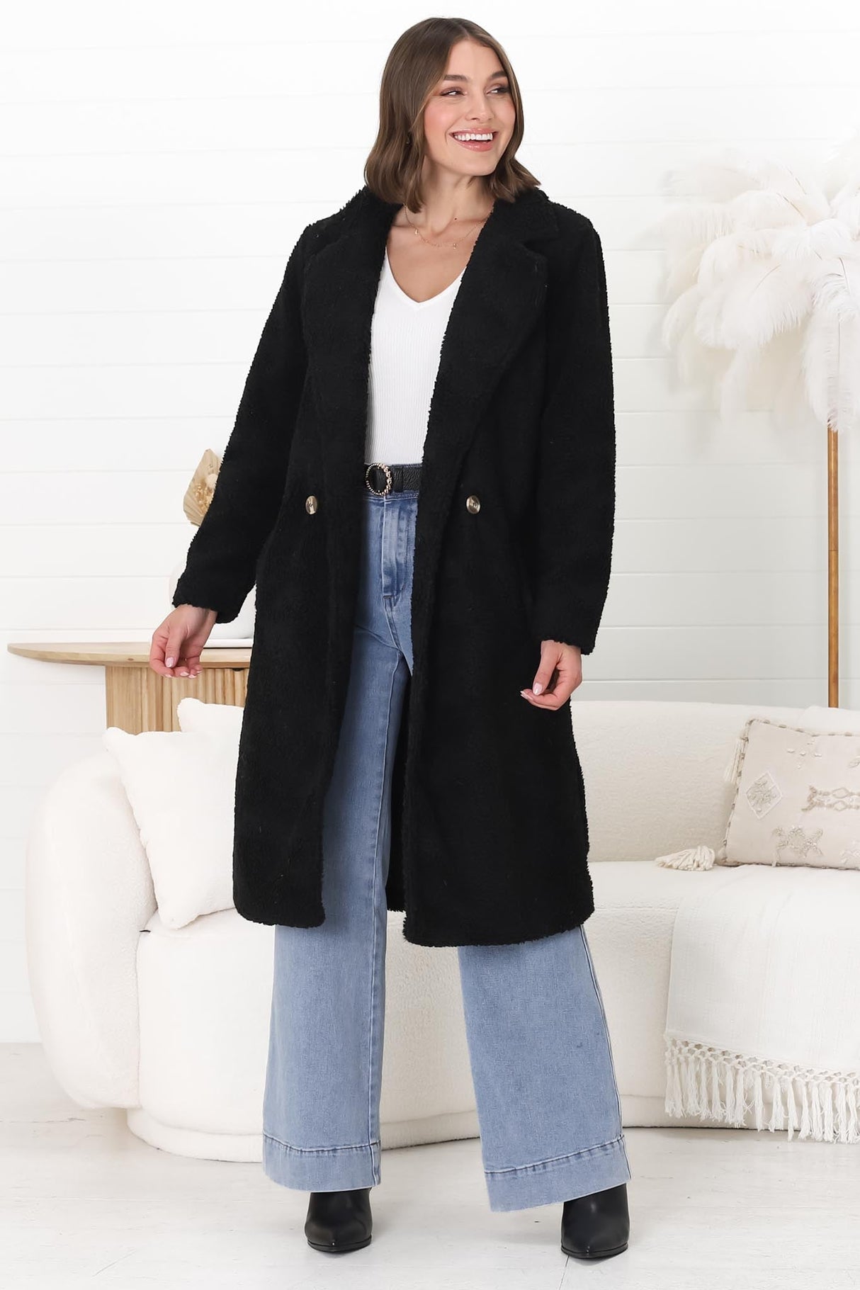 Rooney Coat - Lapel Collared Long Teddy Coat in Black