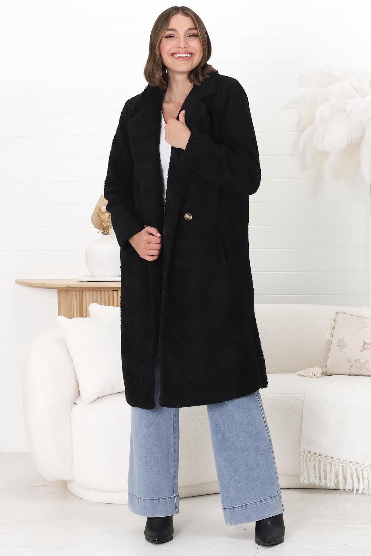 Rooney Coat - Lapel Collared Long Teddy Coat in Black