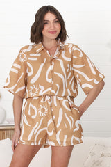 Talitha Button Up Shirt And Shorts Set - Daley Print in Beige