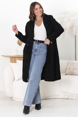 Rooney Coat - Lapel Collared Long Teddy Coat in Black