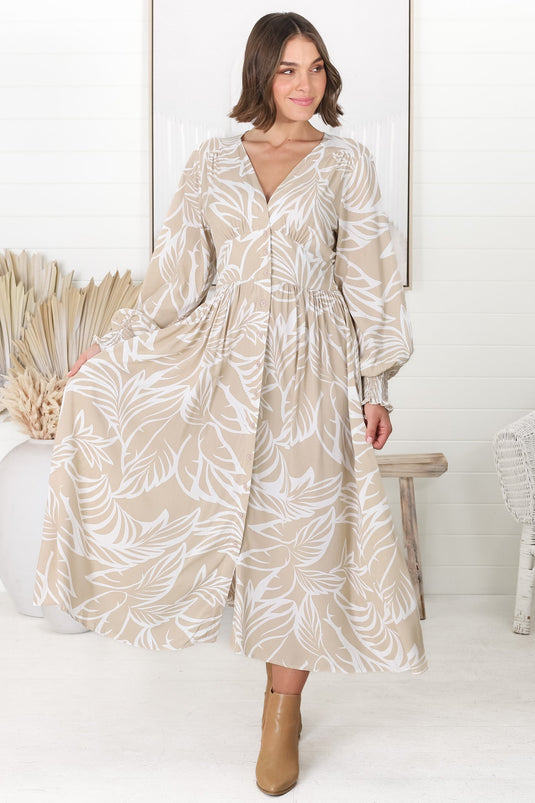 Jolie Midi Dress - V Neck Buttoned Down Long Sleeve Dress in Jeani Print Beige