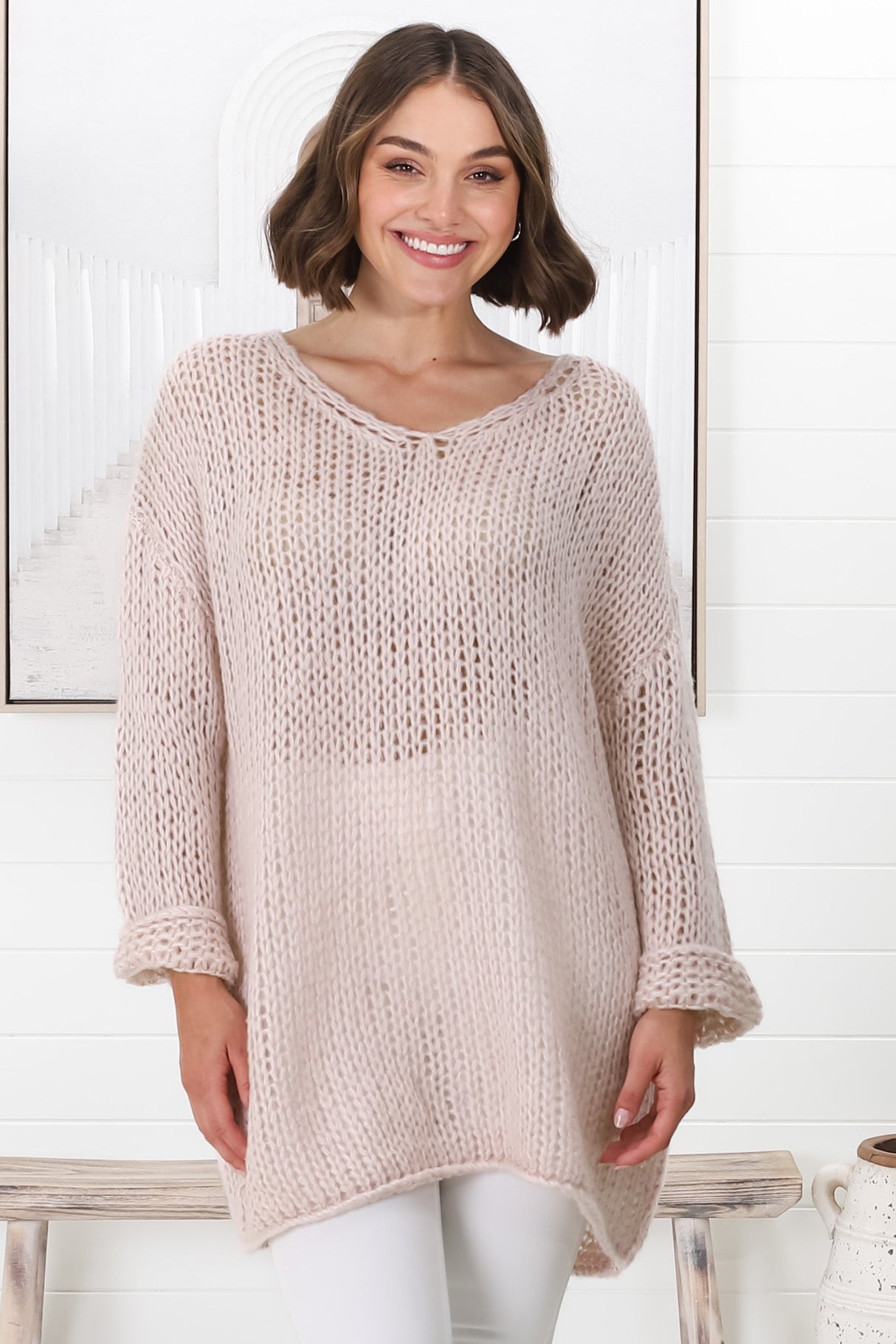 Connie Jumper - Open Knit V Neck Jumper in Pink