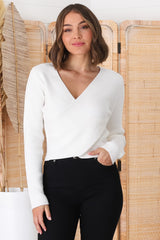 Karen Knit Top - V Neck Cross Over Bodice Top in White