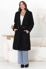 Rooney Coat - Lapel Collared Long Teddy Coat in Black