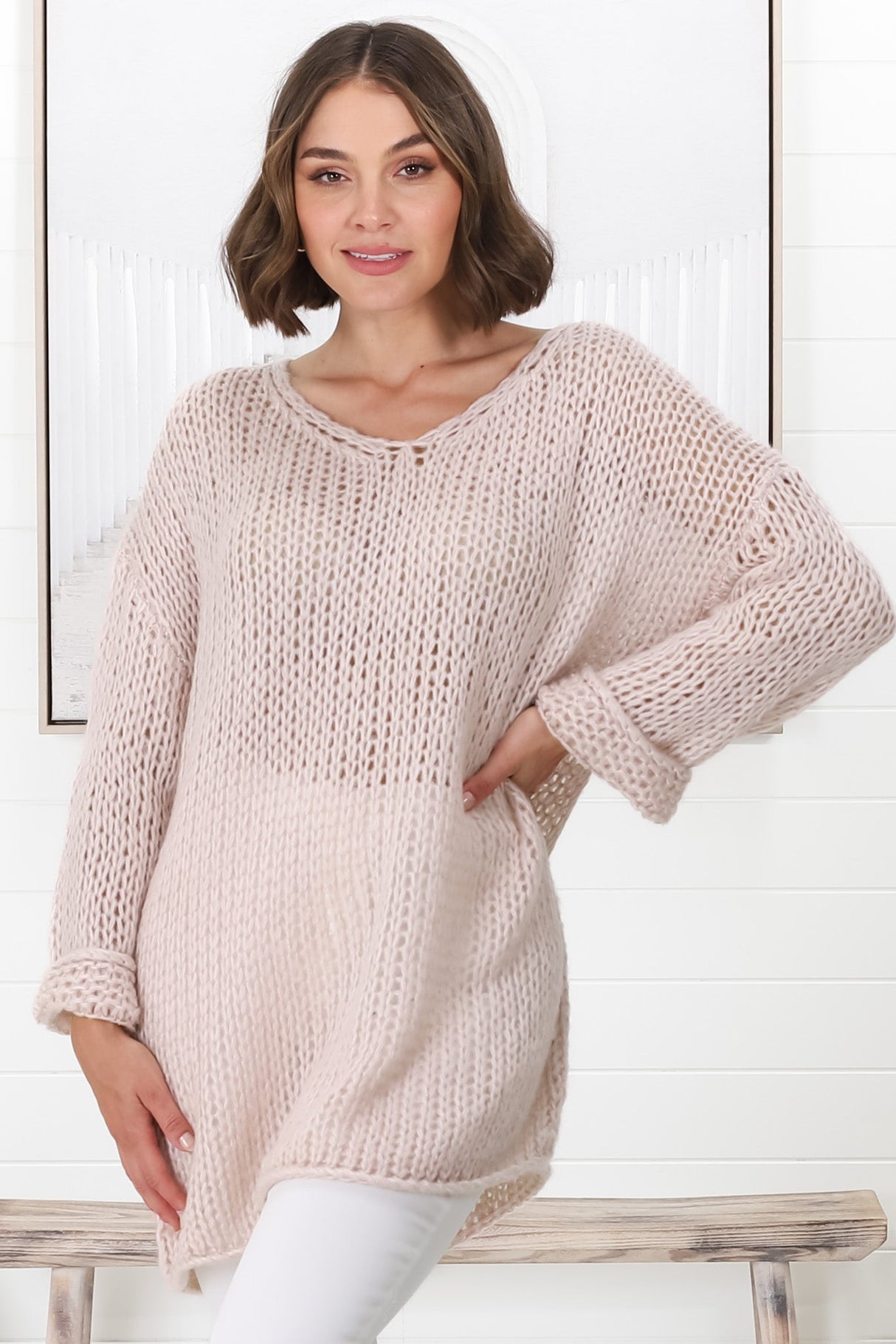 Connie Jumper - Open Knit V Neck Jumper in Pink