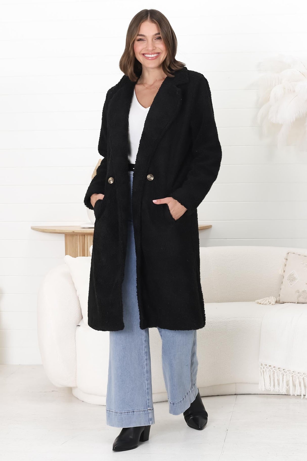 Rooney Coat - Lapel Collared Long Teddy Coat in Black