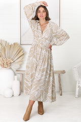 Jolie Midi Dress - V Neck Buttoned Down Long Sleeve Dress in Jeani Print Beige