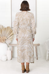 Jolie Midi Dress - V Neck Buttoned Down Long Sleeve Dress in Jeani Print Beige