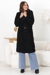 Rooney Coat - Lapel Collared Long Teddy Coat in Black