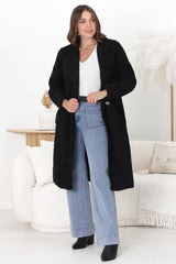 Rooney Coat - Lapel Collared Long Teddy Coat in Black