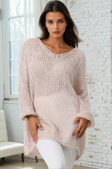 Connie Jumper - Open Knit V Neck Jumper in Pink