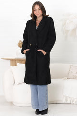 Rooney Coat - Lapel Collared Long Teddy Coat in Black