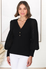 Tara Top - Ribbed Buttoned Detail Top with Cotton Anglaise Sleeves in Black