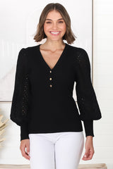 Tara Top - Ribbed Buttoned Detail Top with Cotton Anglaise Sleeves in Black