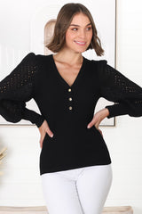 Tara Top - Ribbed Buttoned Detail Top with Cotton Anglaise Sleeves in Black