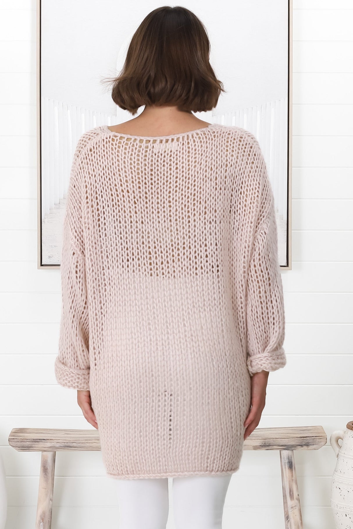 Connie Jumper - Open Knit V Neck Jumper in Pink