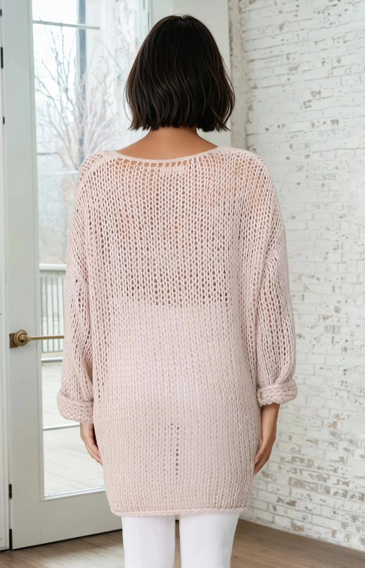 Connie Jumper - Open Knit V Neck Jumper in Pink