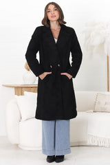 Rooney Coat - Lapel Collared Long Teddy Coat in Black