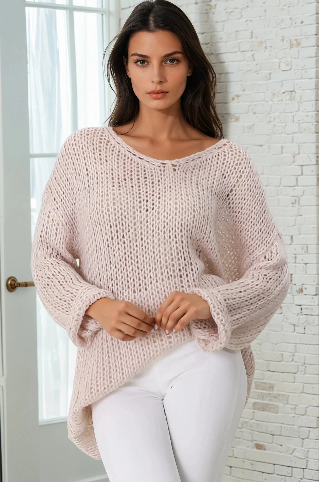 Connie Jumper - Open Knit V Neck Jumper in Pink