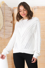 Ruthie Knit Top - Pom Pom Open Knit Decal Jumper in White