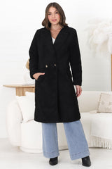 Rooney Coat - Lapel Collared Long Teddy Coat in Black