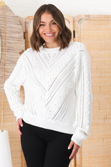 Ruthie Knit Top - Pom Pom Open Knit Decal Jumper in White