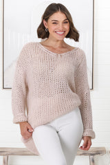 Connie Jumper - Open Knit V Neck Jumper in Pink