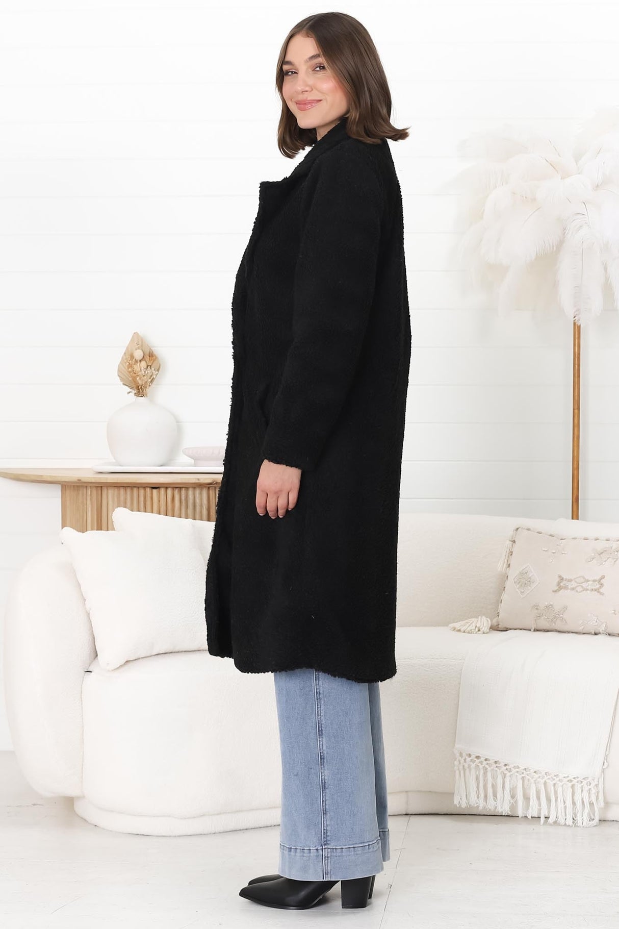 Rooney Coat - Lapel Collared Long Teddy Coat in Black