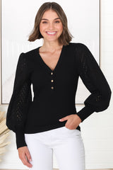 Tara Top - Ribbed Buttoned Detail Top with Cotton Anglaise Sleeves in Black