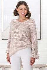 Connie Jumper - Open Knit V Neck Jumper in Pink