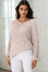 Connie Jumper - Open Knit V Neck Jumper in Pink