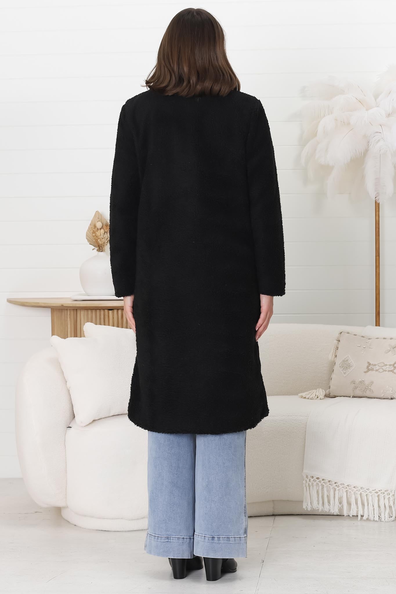 Rooney Coat - Lapel Collared Long Teddy Coat in Black