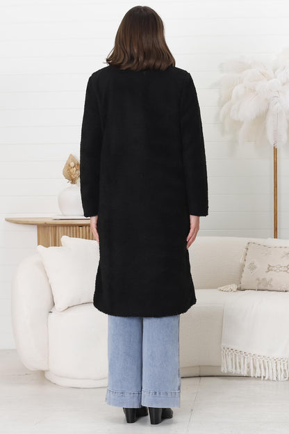 Rooney Coat - Lapel Collared Long Teddy Coat in Black