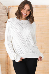 Ruthie Knit Top - Pom Pom Open Knit Decal Jumper in White