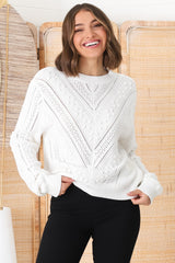 Ruthie Knit Top - Pom Pom Open Knit Decal Jumper in White