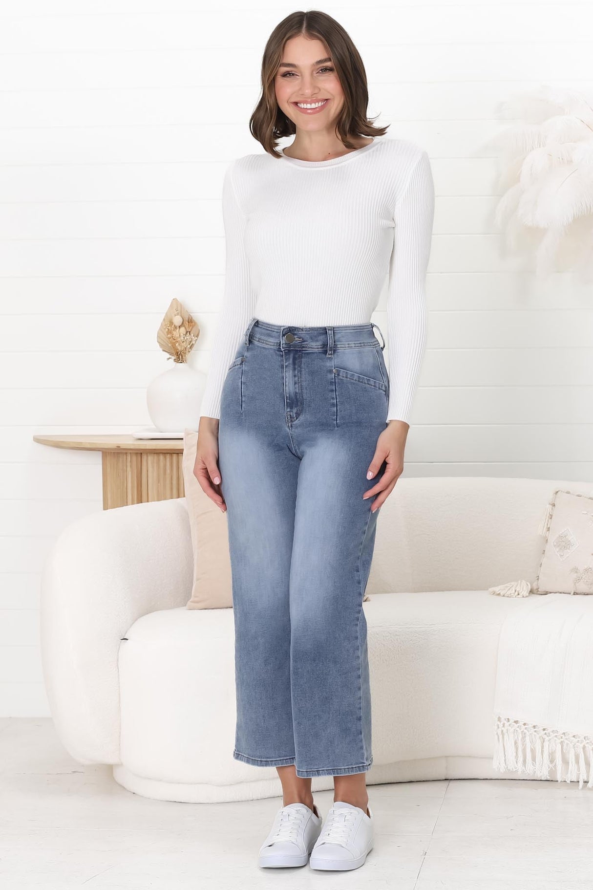 Jace 3/4 Jeans - High Waisted Flare Leg Jeans in Distressed Blue Denim